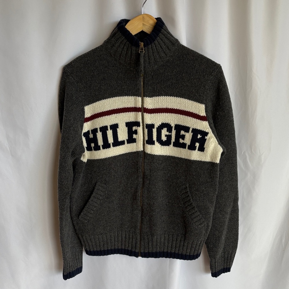 Tommy Hilfiger Men's Zip Up Gray Knit Sweater Cotton Wool Size S EUC